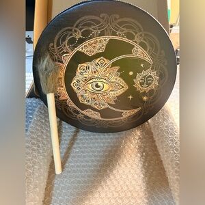 NWT Decorative Hand Drum with Crescent Moon & Eye Design - Black & Gold 10”